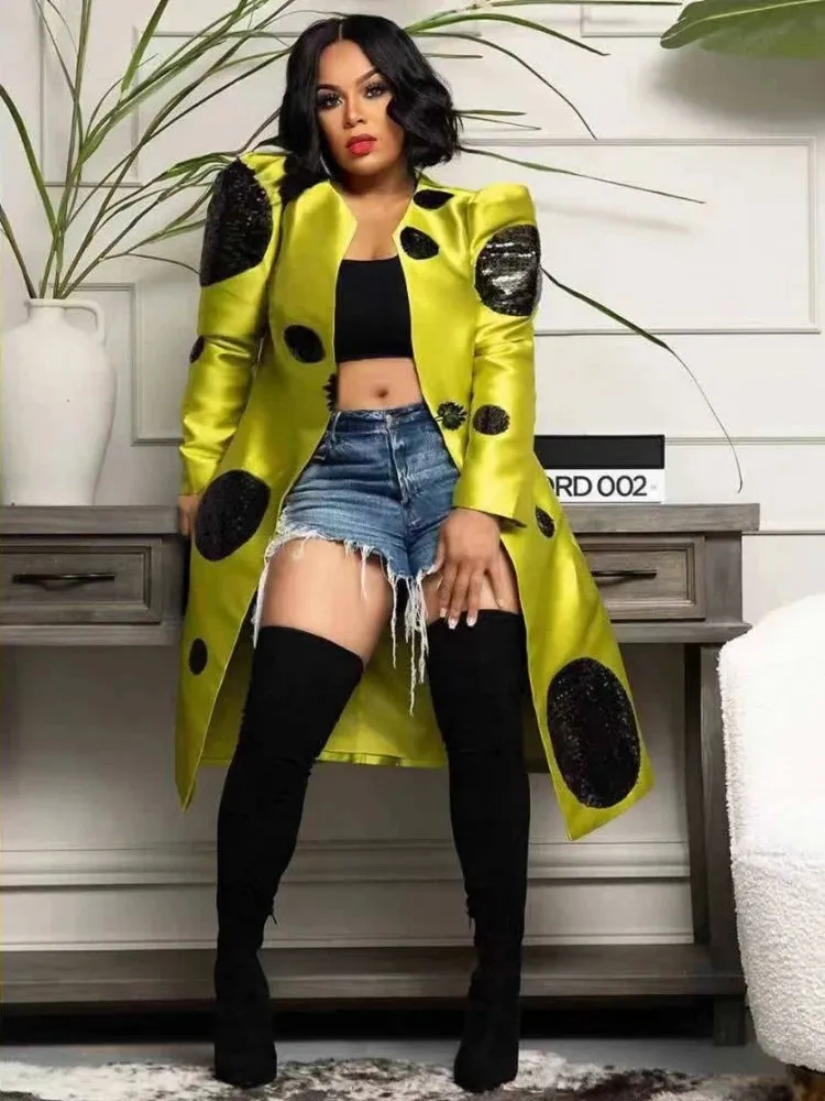 2023 New Autumn Winter Sequin Splicing Trench Women Small Suit Long Sleeve Jacket Casual Tops Slim Wild Blazers Long Coat