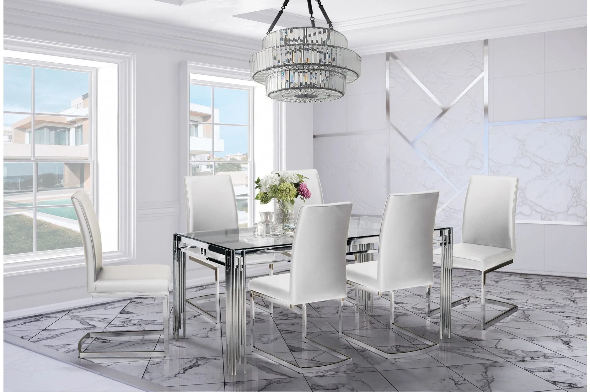 7 Piece Porfirio Dining Set with Shirelle Chair in White Leather