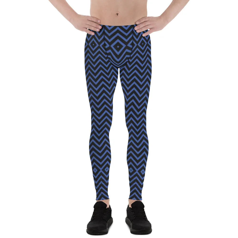 Blue Chevron Men's Leggings, Retro Style Meggings Compression Tights For Men - Made in USA/EU/MX