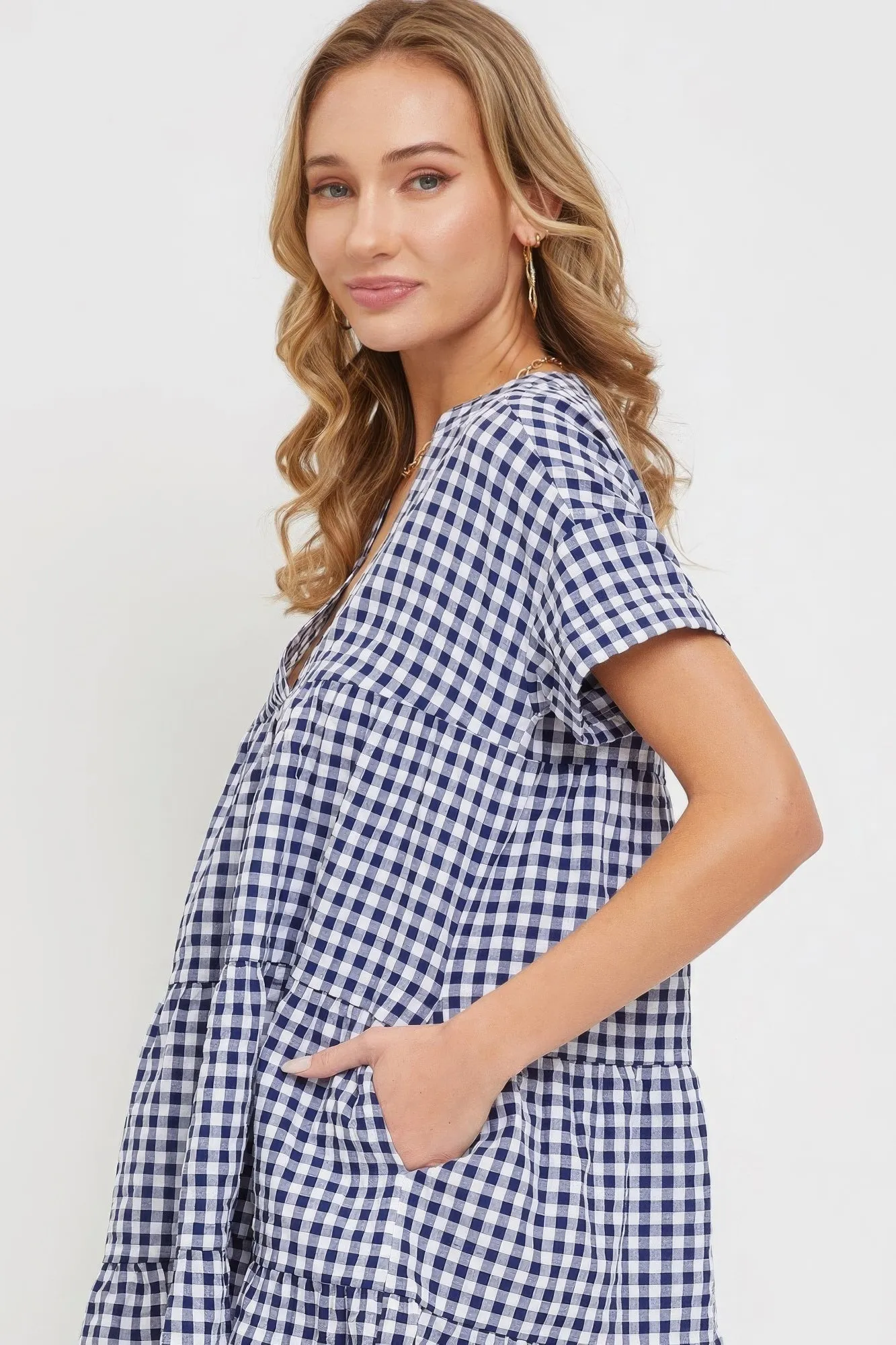Blue Zone Planet |  Ella's V-Neck Babydoll Gingham Mini Dress