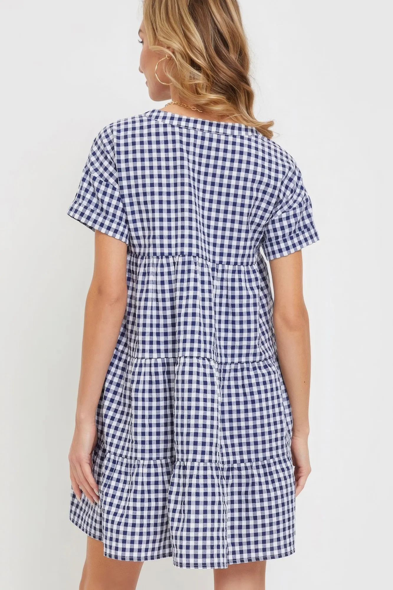 Blue Zone Planet |  Ella's V-Neck Babydoll Gingham Mini Dress