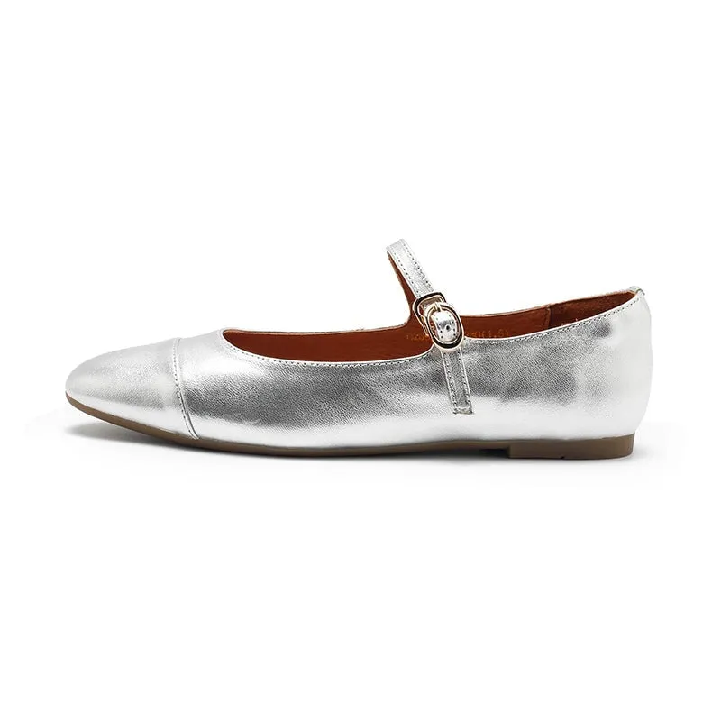 Dwarves Leather Womens Michaela Mary Jane Flats in Silver/Golden/Bronze