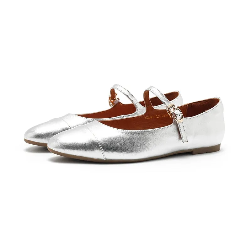 Dwarves Leather Womens Michaela Mary Jane Flats in Silver/Golden/Bronze