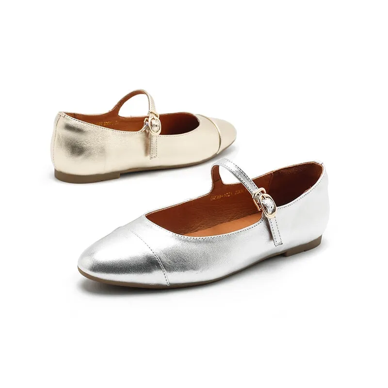 Dwarves Leather Womens Michaela Mary Jane Flats in Silver/Golden/Bronze