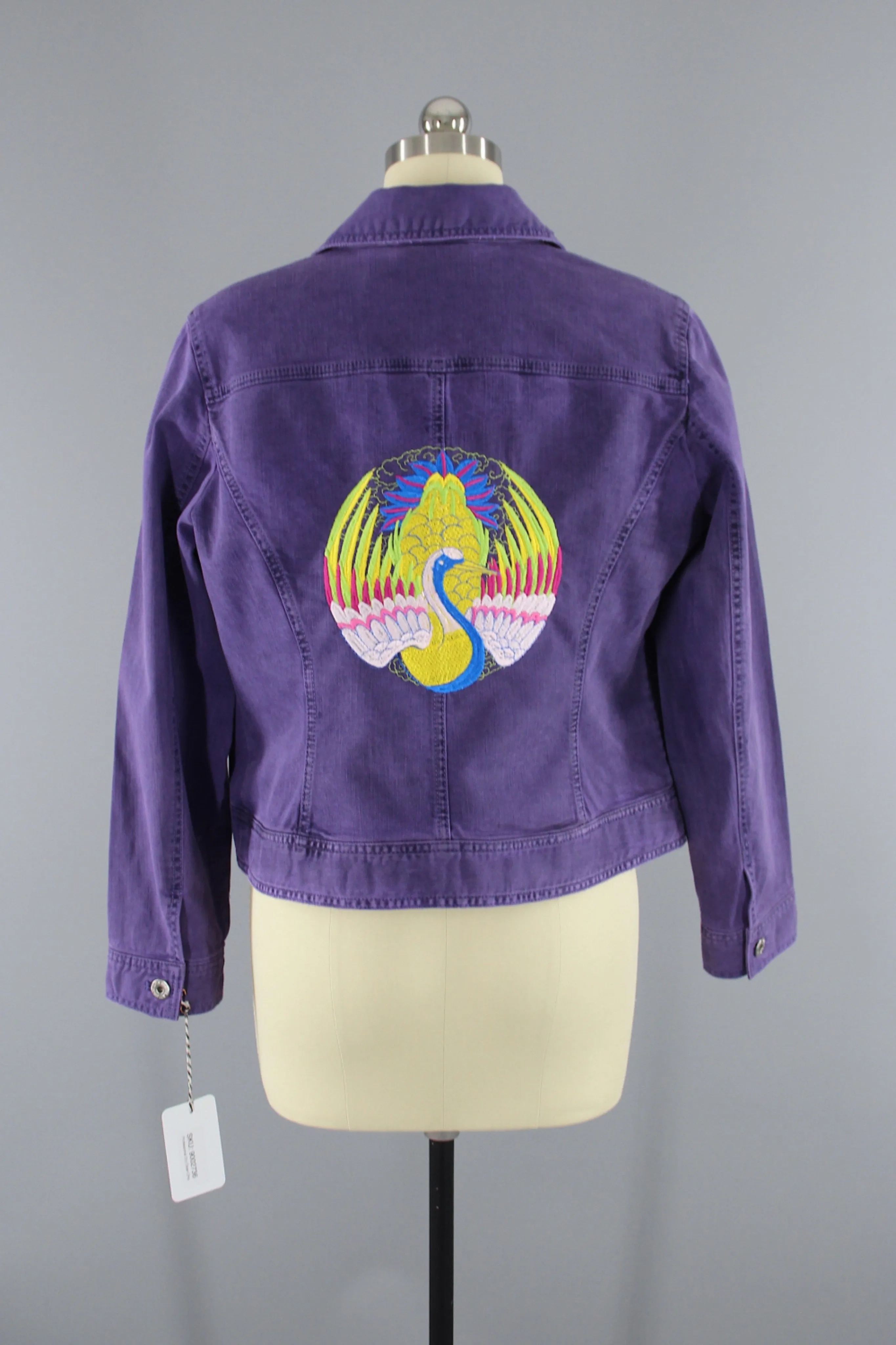 Embroidered Denim Jean Jacket / Asian Crane Phoenix Bird Embroidery