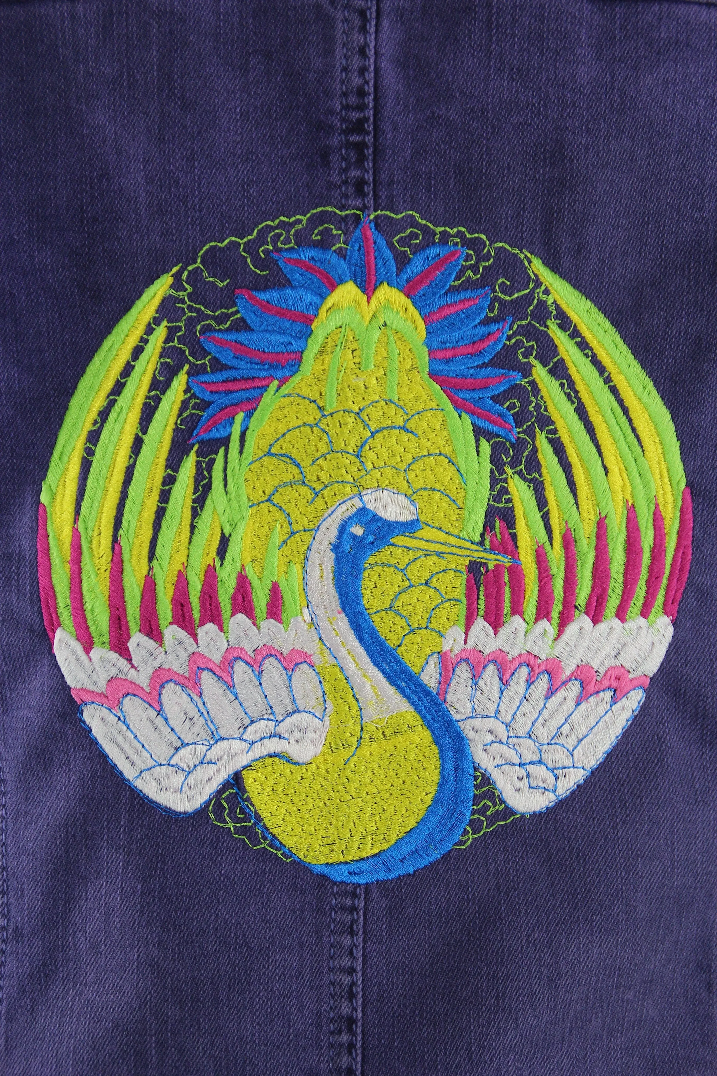 Embroidered Denim Jean Jacket / Asian Crane Phoenix Bird Embroidery
