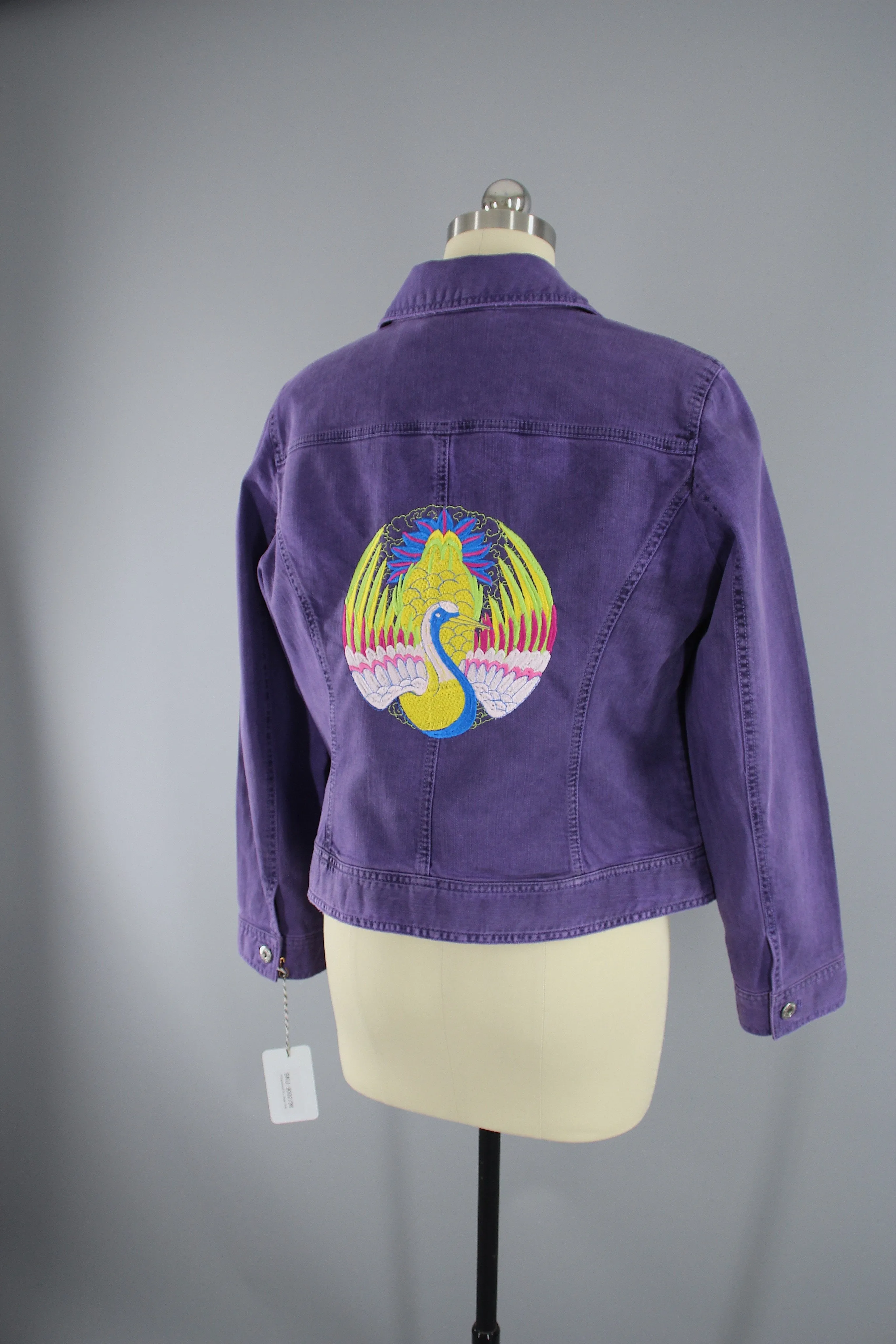 Embroidered Denim Jean Jacket / Asian Crane Phoenix Bird Embroidery