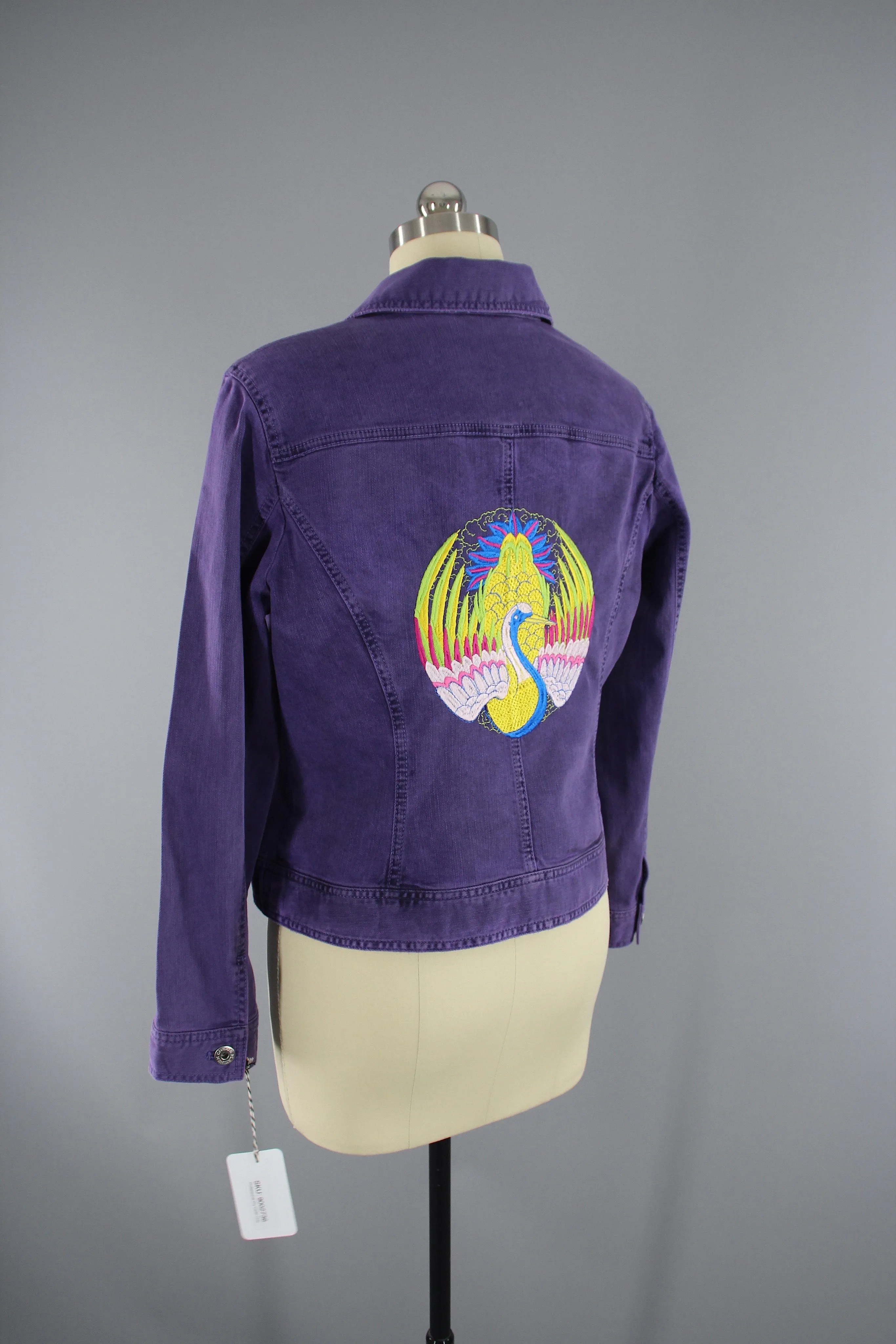 Embroidered Denim Jean Jacket / Asian Crane Phoenix Bird Embroidery