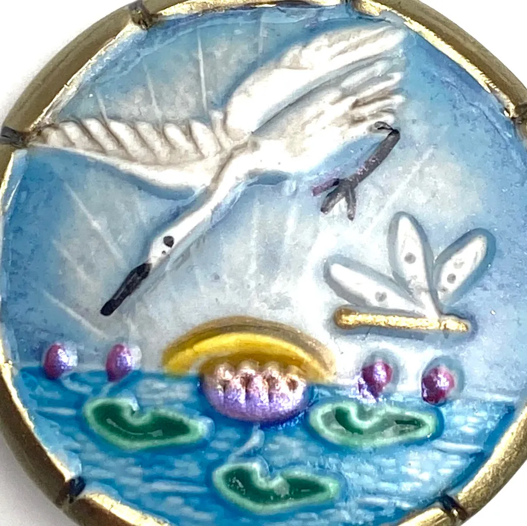 Heron and Dragonfly, Art Stone Bird in Metal Rim Artisan Button by Susan Clarke, 1-1/4" #1085
