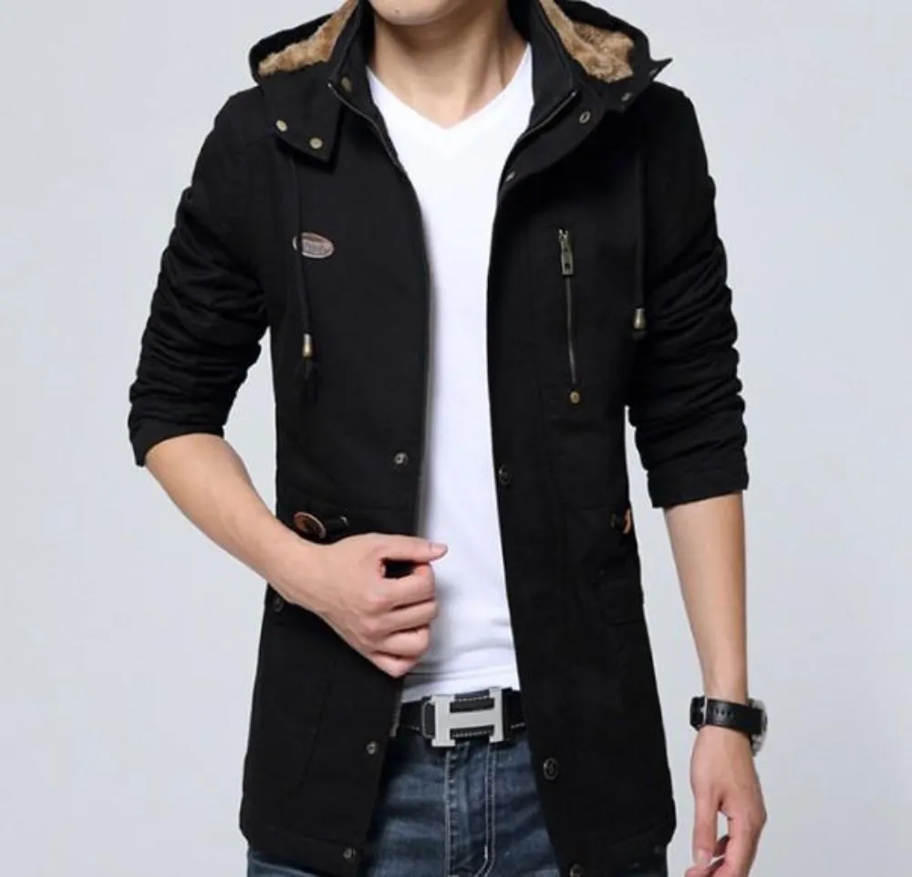 Mens Military Style Hooded Trench Coat