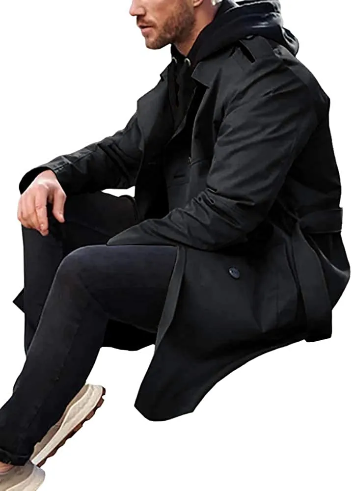 Men's Windproof Black Slim Fit Windbreaker Long Trench Coat