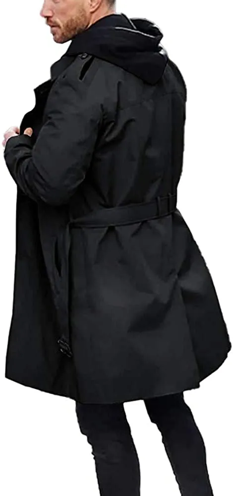 Men's Windproof Black Slim Fit Windbreaker Long Trench Coat