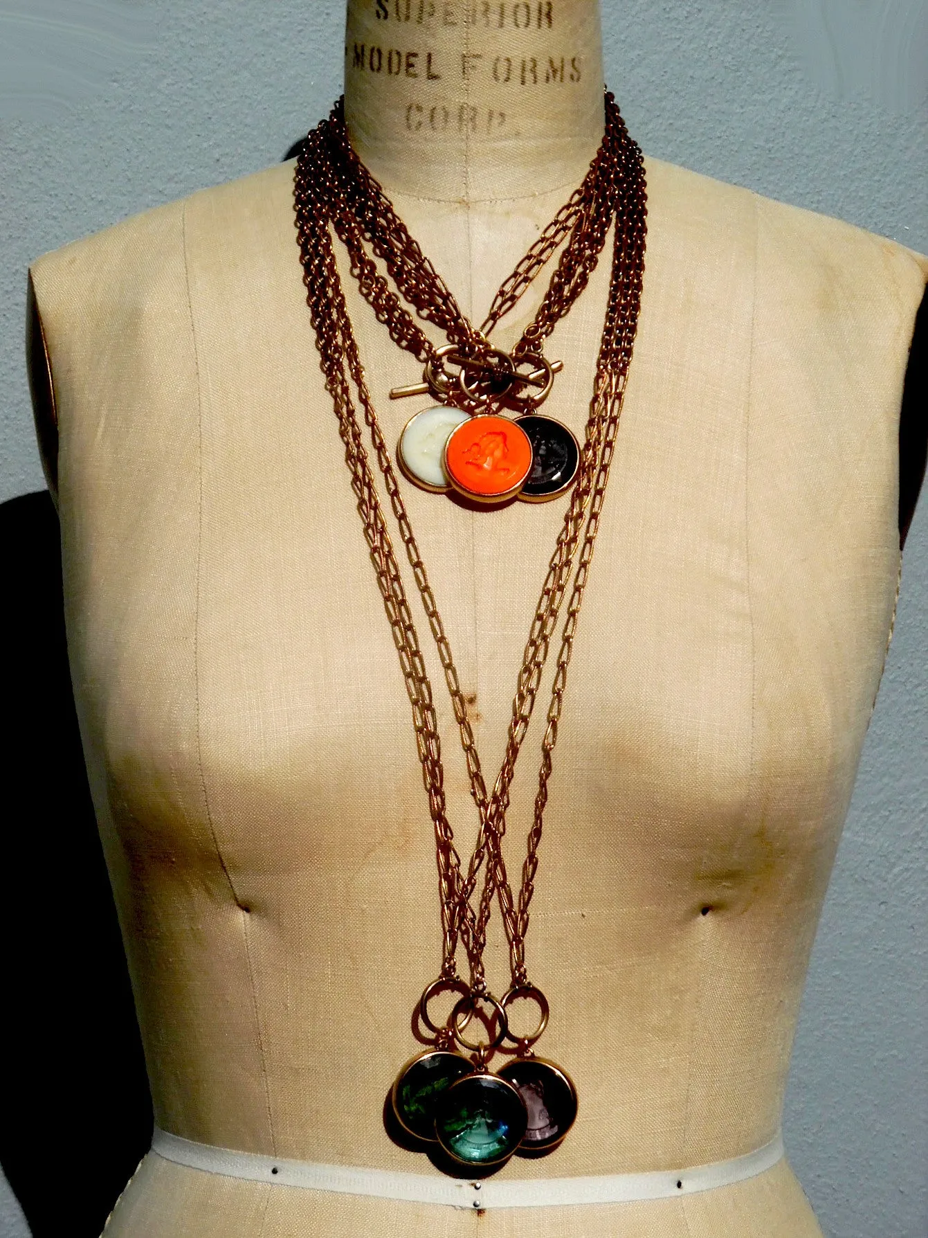 Necklace Intaglio Double Long Chain Black Coral Ivory