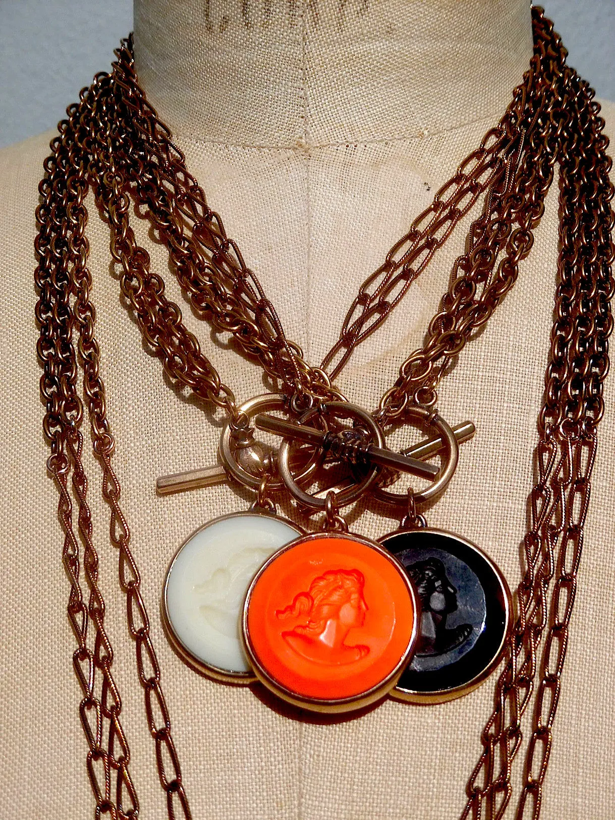 Necklace Intaglio Double Long Chain Black Coral Ivory