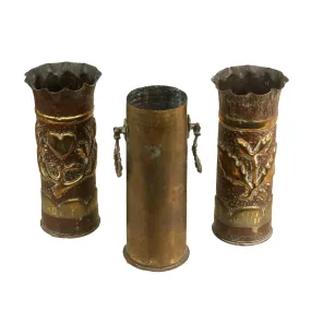 Original French WWI 75mm Artillery Shell Casing Trench Art Vase Lot - 3 Items