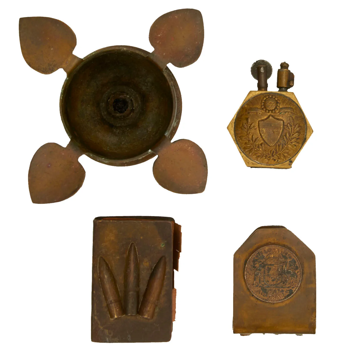 Original U.S. & Australian WWI & WWII Brass Trench Art Lot - 4 Items