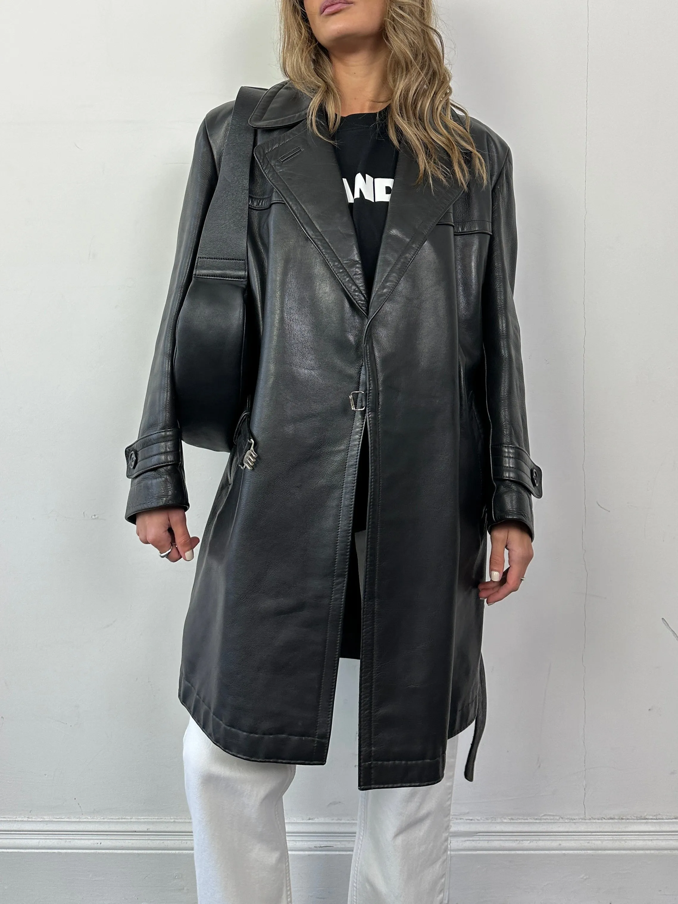 Vintage Leather Belted Trench Coat - L
