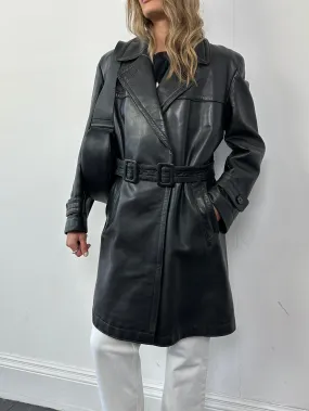 Vintage Leather Belted Trench Coat - L