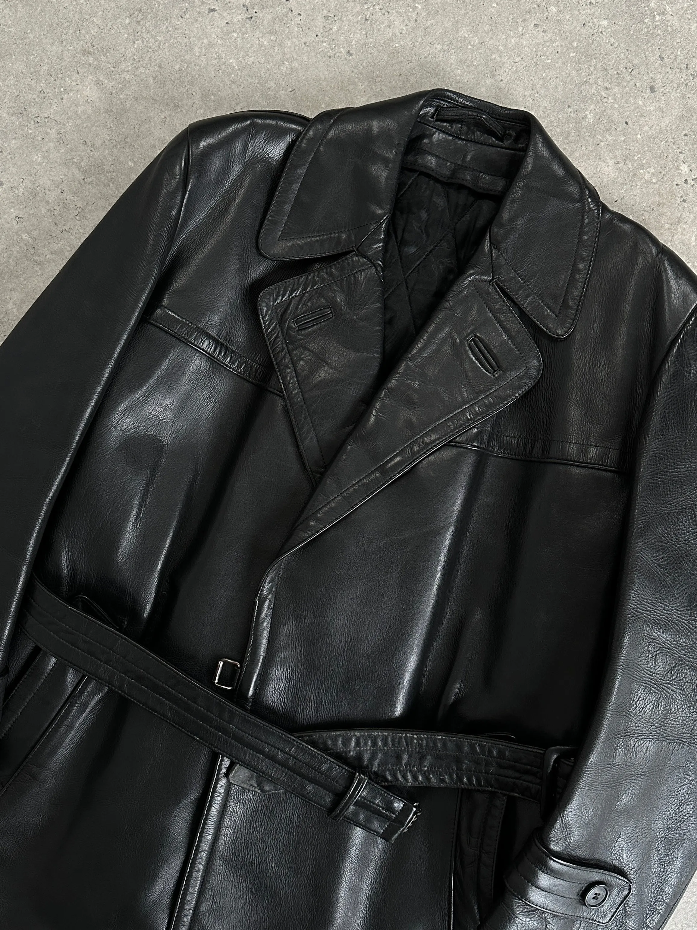Vintage Leather Belted Trench Coat - L