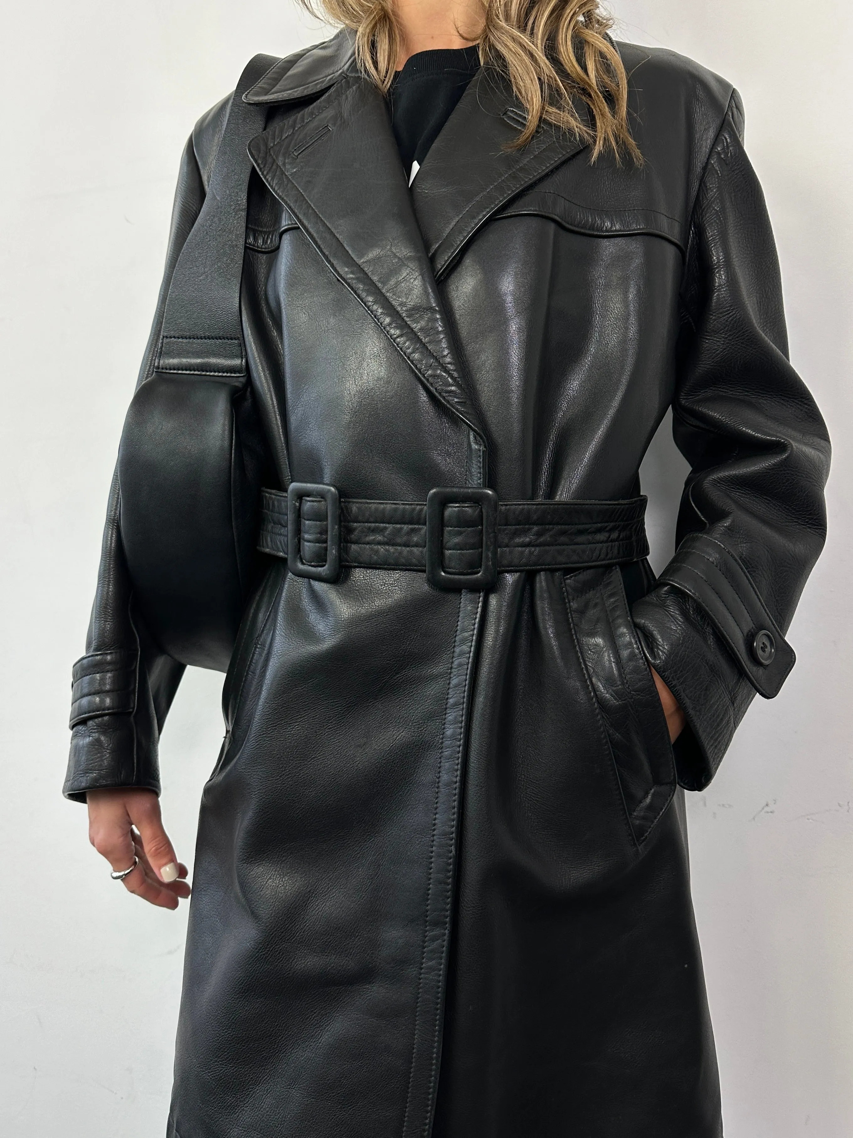 Vintage Leather Belted Trench Coat - L