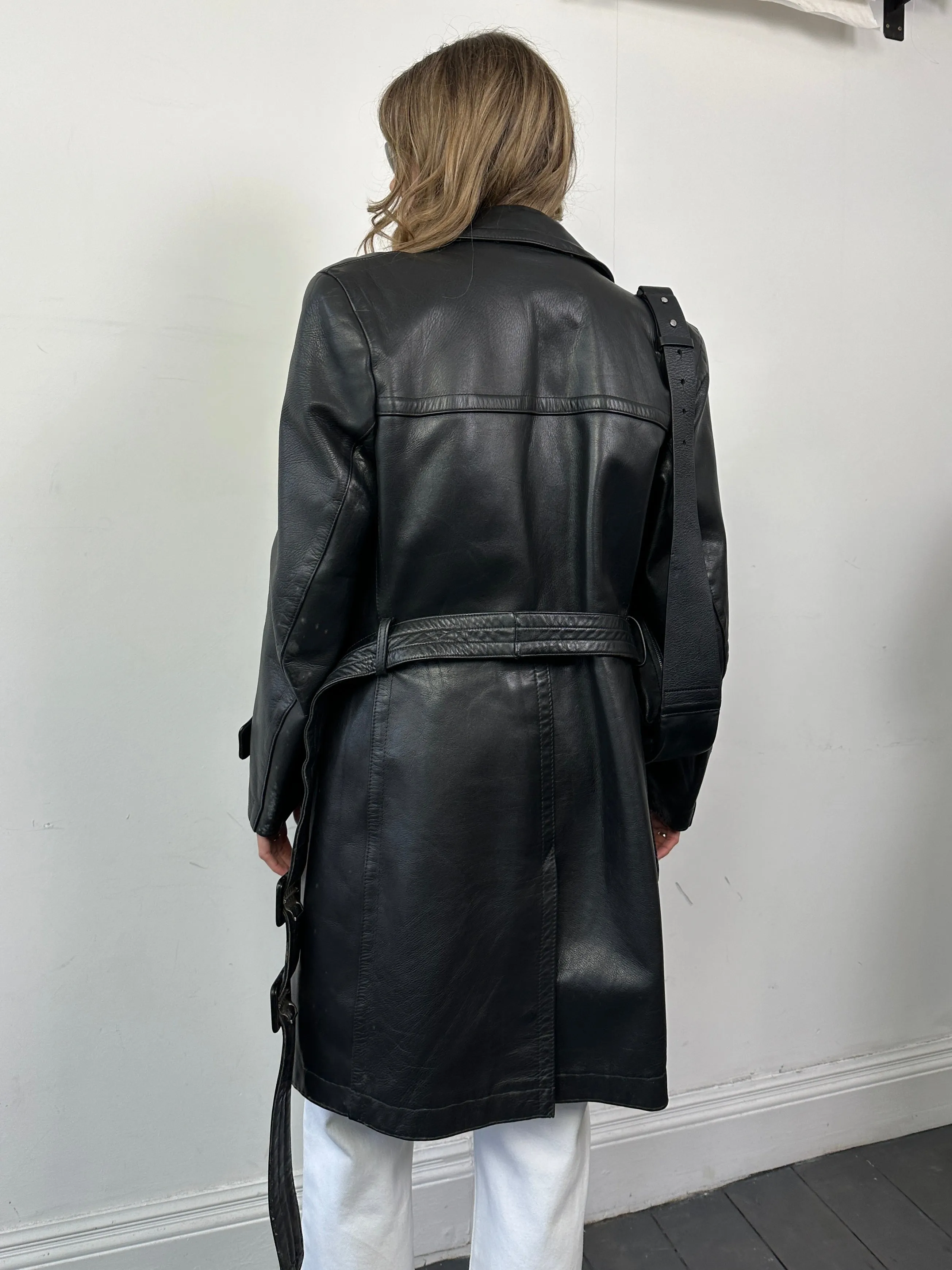 Vintage Leather Belted Trench Coat - L