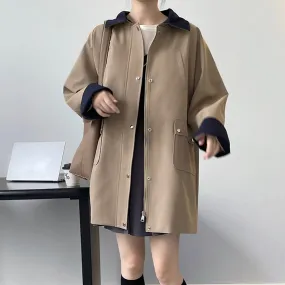 Vintage Trench Coat For Women Lapel Long Sleeve Patchwork Colorblock Casual Windcoat Female Clothing Fashion