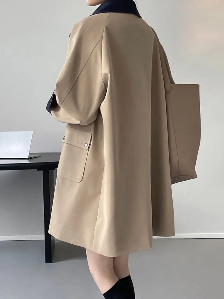 Vintage Trench Coat For Women Lapel Long Sleeve Patchwork Colorblock Casual Windcoat Female Clothing Fashion