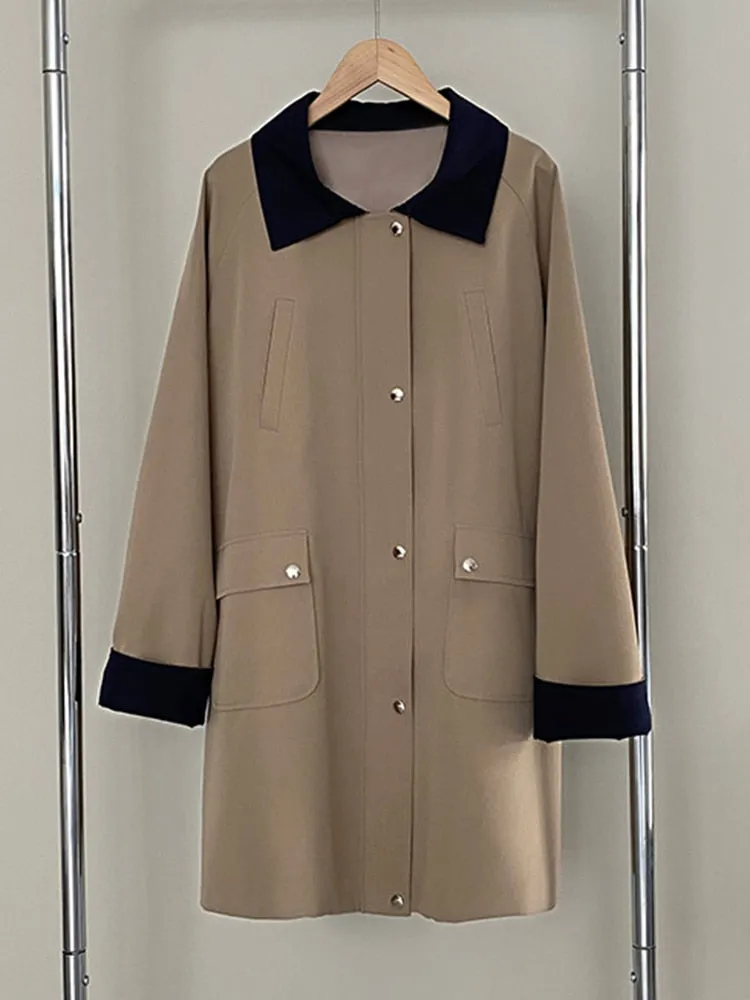 Vintage Trench Coat For Women Lapel Long Sleeve Patchwork Colorblock Casual Windcoat Female Clothing Fashion