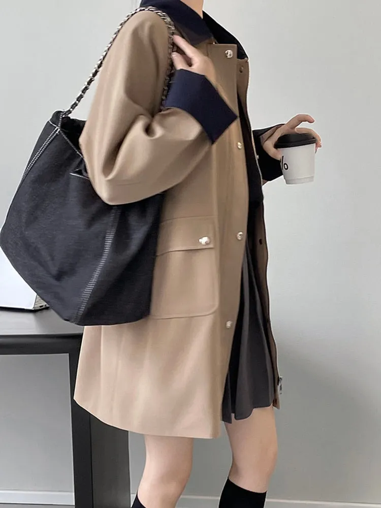 Vintage Trench Coat For Women Lapel Long Sleeve Patchwork Colorblock Casual Windcoat Female Clothing Fashion