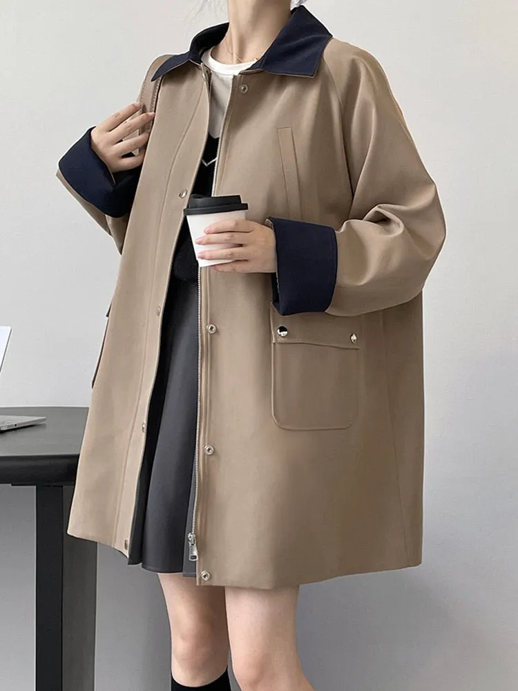 Vintage Trench Coat For Women Lapel Long Sleeve Patchwork Colorblock Casual Windcoat Female Clothing Fashion