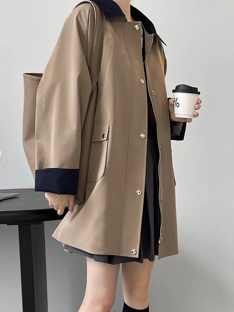 Vintage Trench Coat For Women Lapel Long Sleeve Patchwork Colorblock Casual Windcoat Female Clothing Fashion